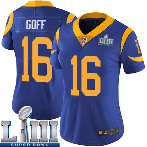 Women Los Angeles Rams #16 Goff Blue Nike Vapor Untouchable Limited 2019 Super Bowl LIII NFL Jerseys->women nfl jersey->Women Jersey